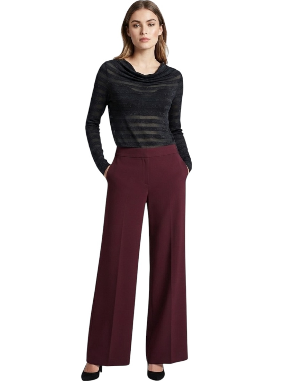 Jones New York Signature Black Semi Sheer Shimmer Stripe Cowl Long Sleeve Top L
